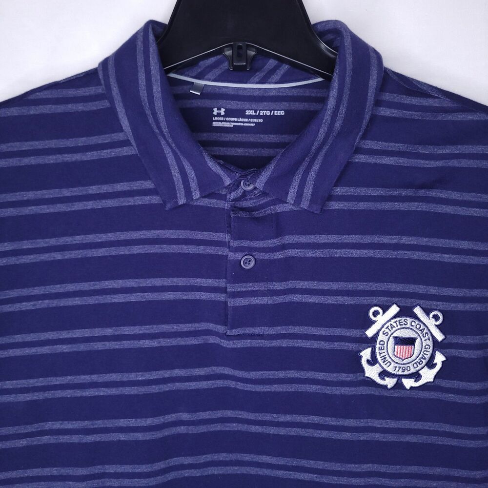 Under Armour Polo Shirt Mens 2XL Striped Navy Blue Loose Coast Guard